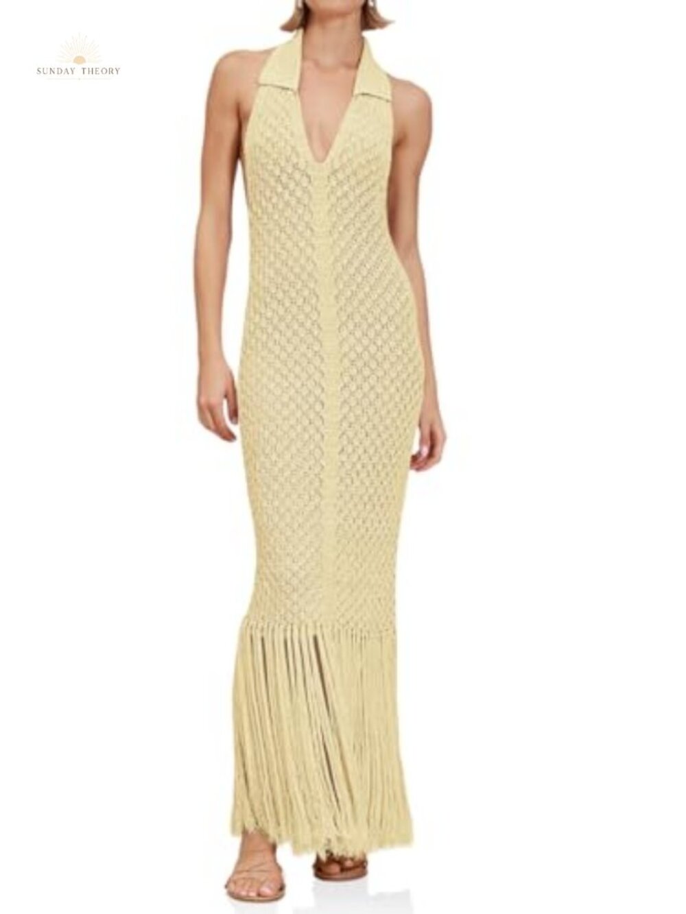 Women's Crochet Halter Neck Backless Fringe Maxi Beach Cover Up Dress